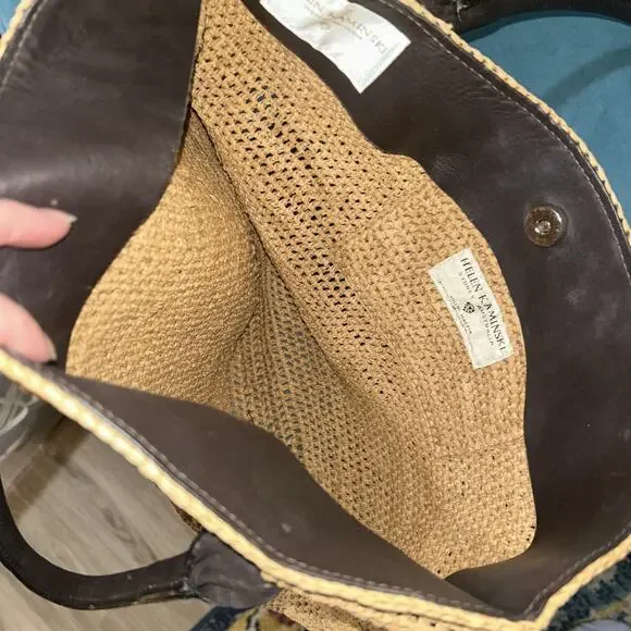 Helen Kaminski Woven Raffia Straw Tote Bag Brown Leather Handles Summer Purse - Picture 3 of 7